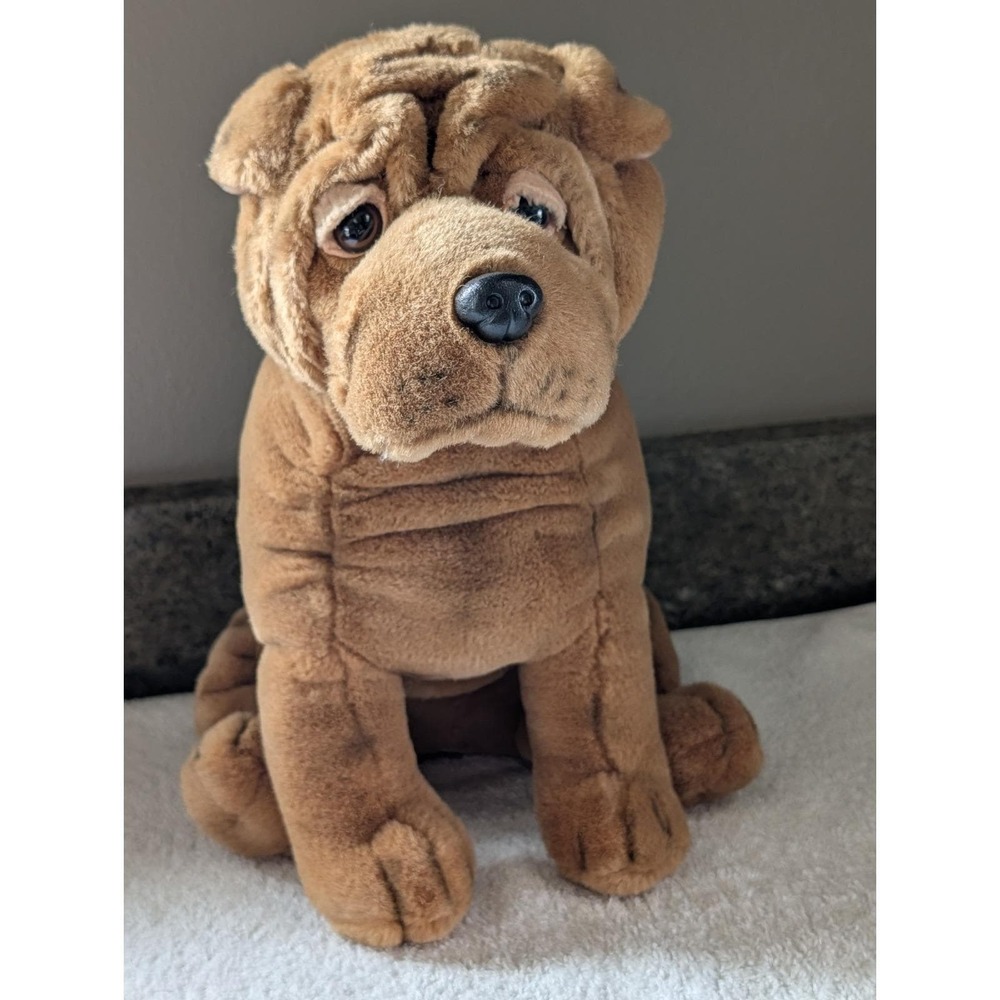 Vintage Classic Aurora Plush Stuffed Dog Realistic Sitting Shar-Pei Wrinkle Tan